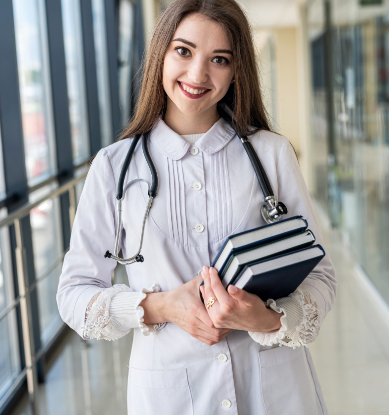 young experienced pediatrician doctor with patient log standing in hospital. Concept of medicine. The pediatrician is a woman. Portrait of a woman